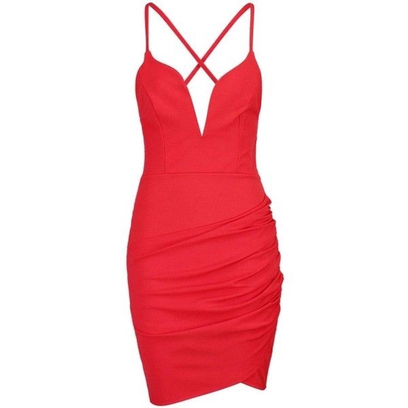 Boohoo Dresses & Skirts - BOOHOO Giana Plunge Neck Wrap Bodycon Dress Red